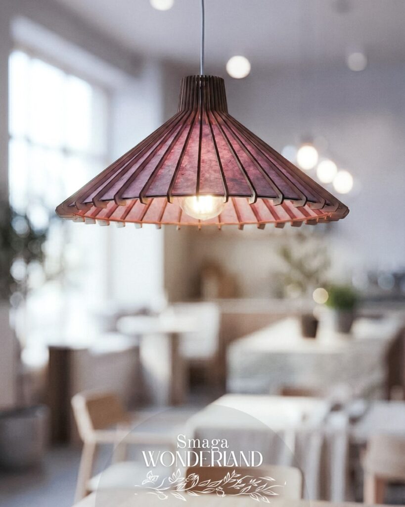 Różowa lampa wisząca Hana z ciemnego drewna. Eleganckie oświetlenie z trwałym, barwionym papierem w stylu Japandi i Soft Minimalism.