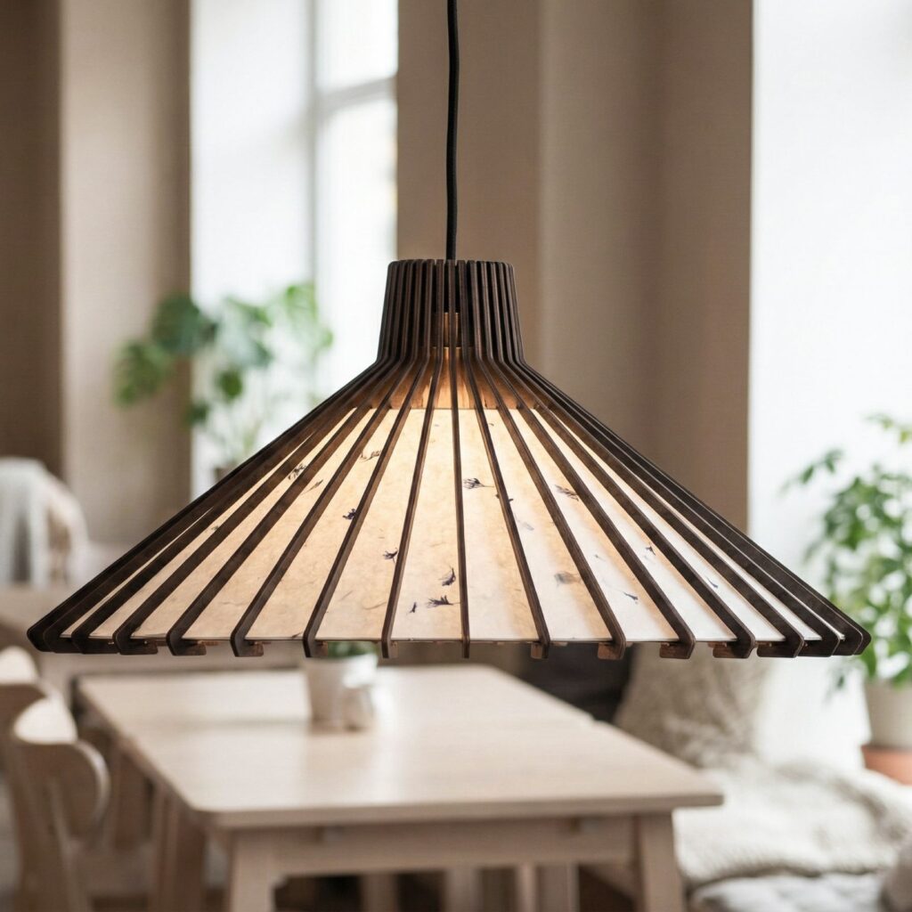 ażurowa drewniana lampa nad stół w stylu japandi.