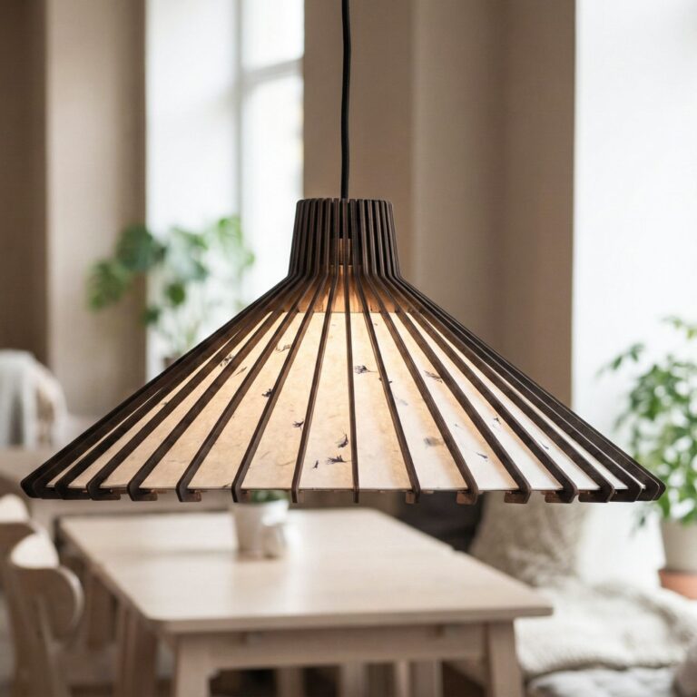 ażurowa drewniana lampa nad stół w stylu japandi.