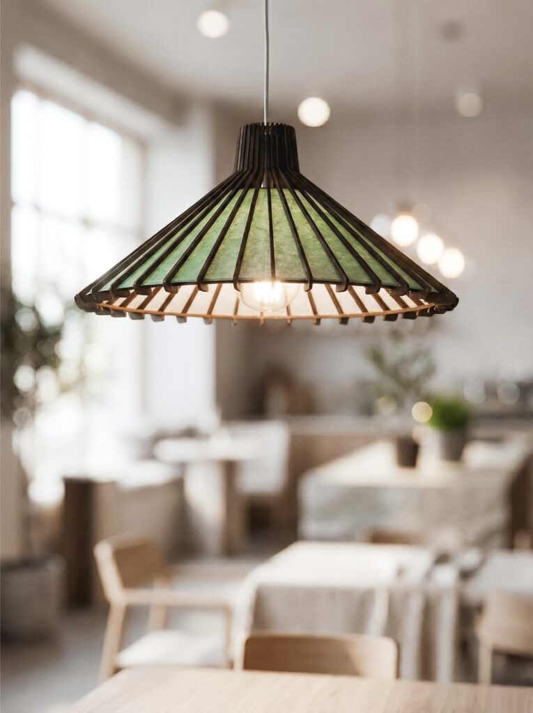 Miętowa lampa wisząca Mori z naturalnego drewna i papieru czerpanego, zawieszona nad stołem w jasnej kawiarni w stylu skandynawskim.