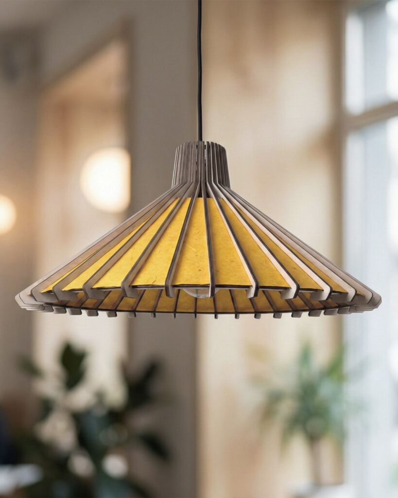 Żółta lampa wisząca Taiyo w stylu Japandi. Klosz z jasnego drewna i miodowego papieru czerpanego, dający ciepłe światło