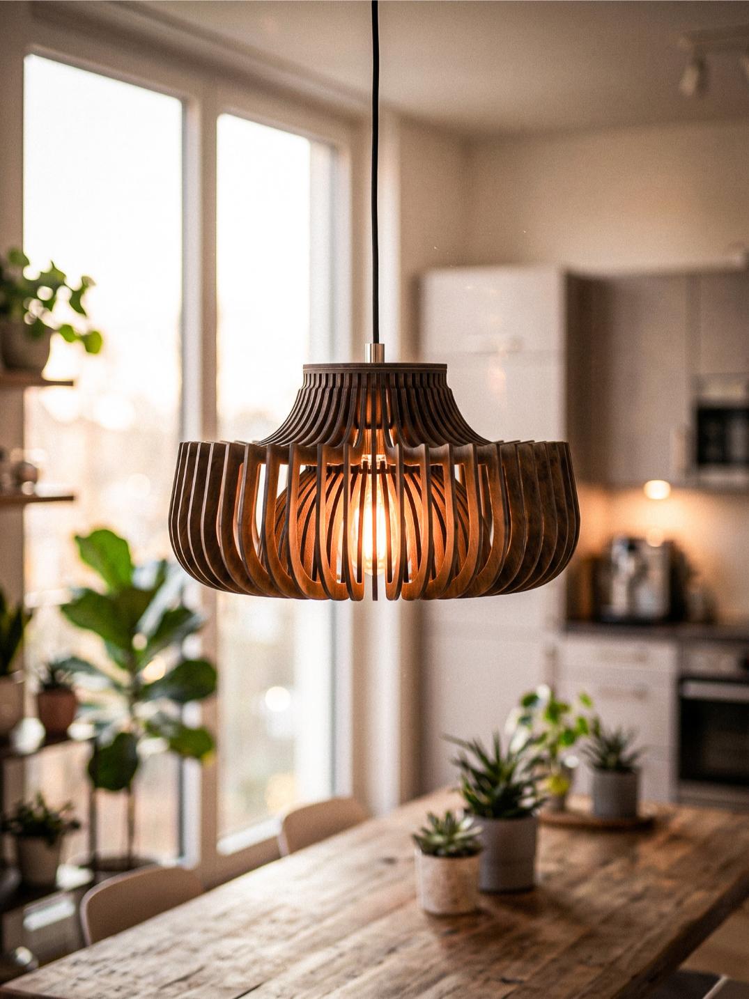 Dark walnut wood pendant light openwork geometric design Kengo lamp